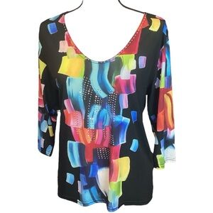 NWT‎ Valentina Black Abstract Colorful Print 3/4 Sleeve Top, Small Art to Wear